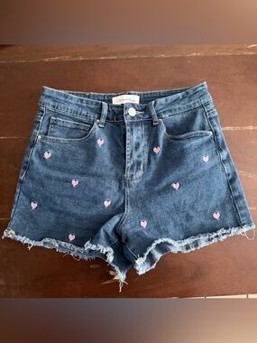 Angel Kiss Dark Blue Denim Shorts with Pink Heart Embroidery
